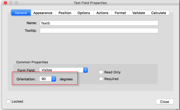 Screen shot of a field properties dialog with the field rotation set to 90 degrees