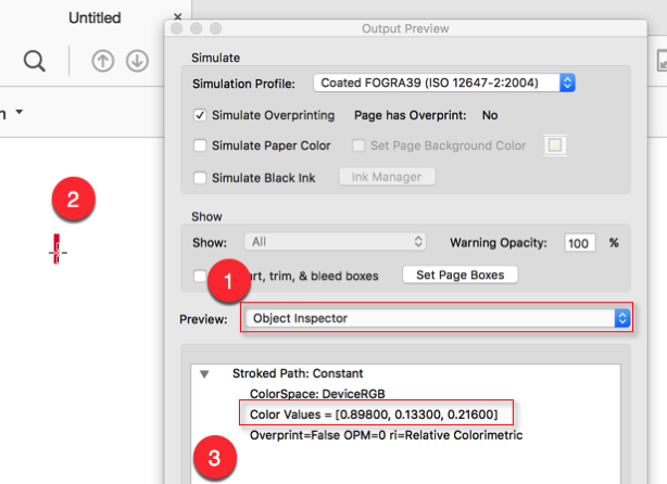 Screenshot of the 'Output Preview' tool, with the 'Object Inspector' preview type selected. The lower portion of the dialog shows the description of the selected red line segment.