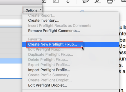 Screenshot showing the expanded 'Options' menu with the 'Create New Preflight Fixup' item selected