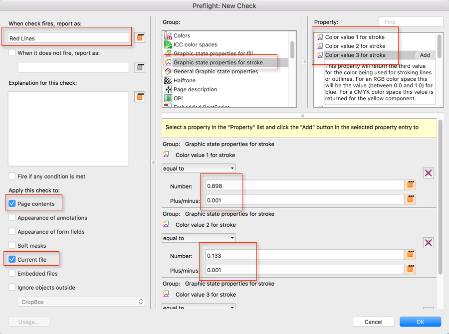 Screenshot that shows the Preflight Check editor with the color values inserted. 