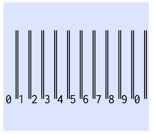 Screenshot of an invalid barcode with two thin lines for every character in the string 01234567890